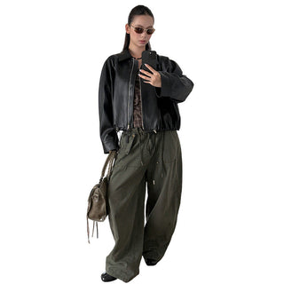 Lapel Drawstring Leather Coat