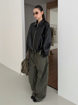 Lapel Drawstring Leather Coat
