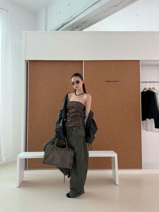 Pleated Plaid Tube Top