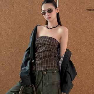Pleated Plaid Tube Top