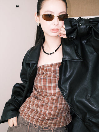 Pleated Plaid Tube Top