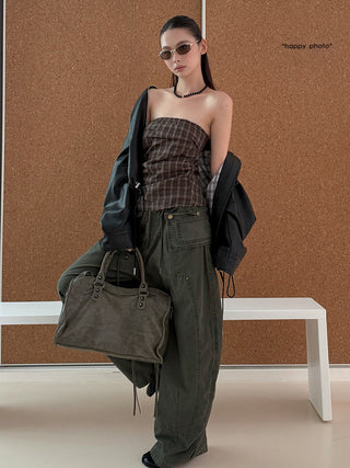 Pleated Plaid Tube Top