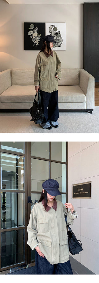 contrast denim coat