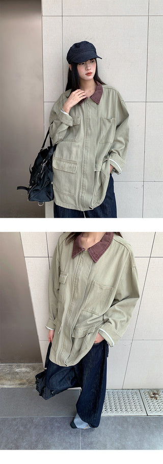 contrast denim coat