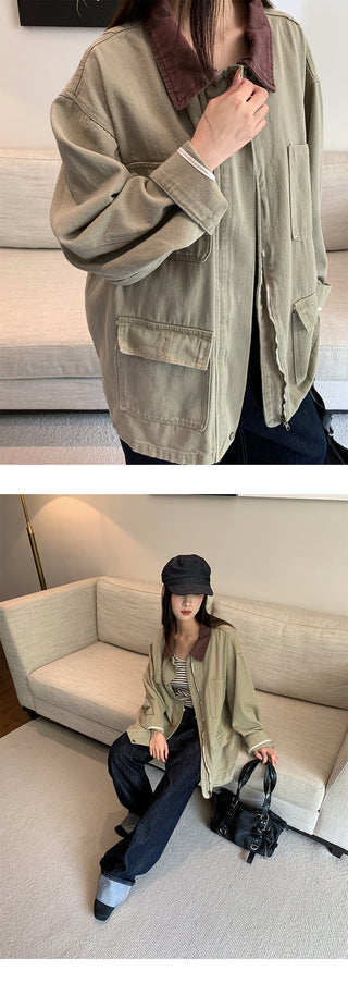contrast denim coat