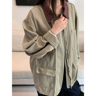 contrast denim coat