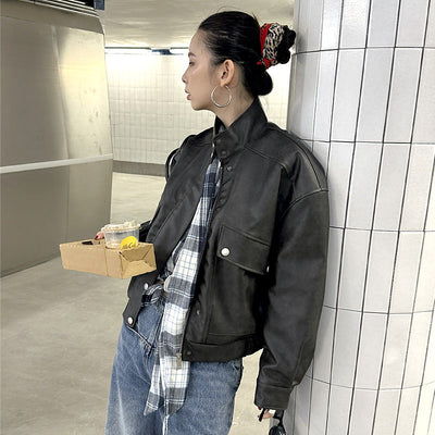 washed stand collar jacket