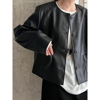 round leather coat