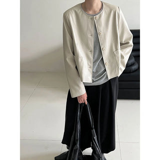 round leather coat