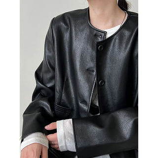 round leather coat