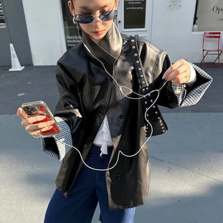 plaid leather coat
