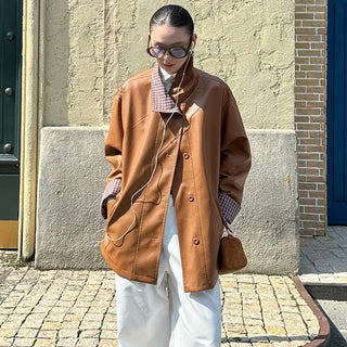 plaid leather coat