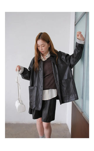 lapel leather coat