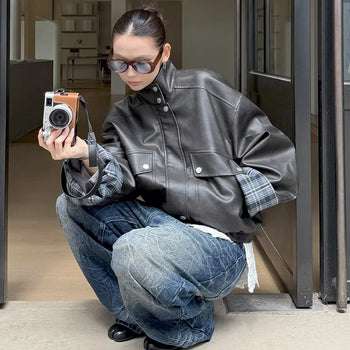 check leather jacket