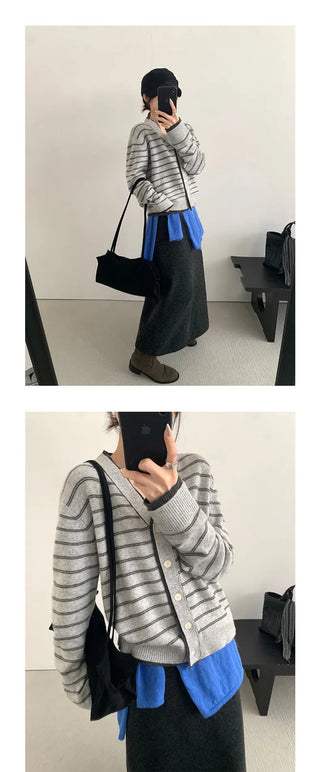 striped V-cardigan