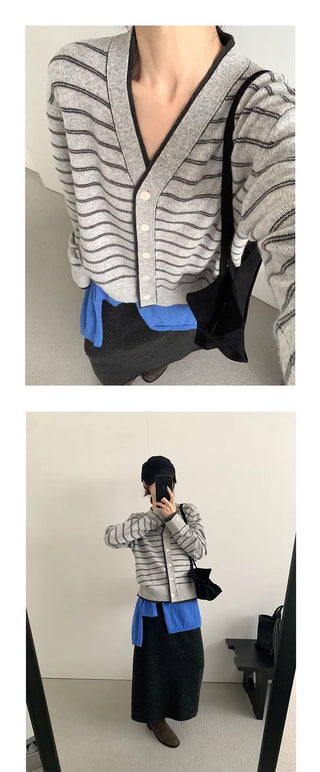 striped V-cardigan