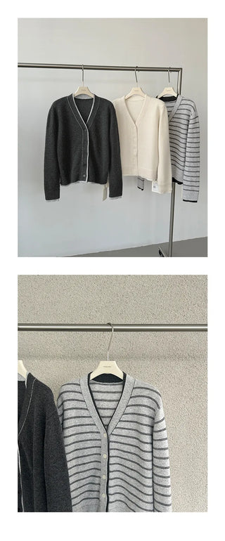 striped V-cardigan
