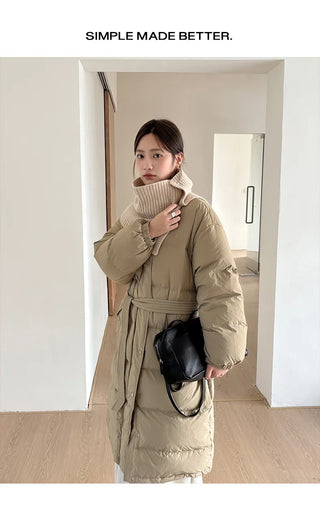 belted down coat