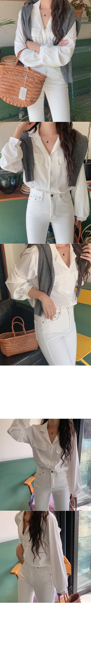 Open-collar pocket blouse