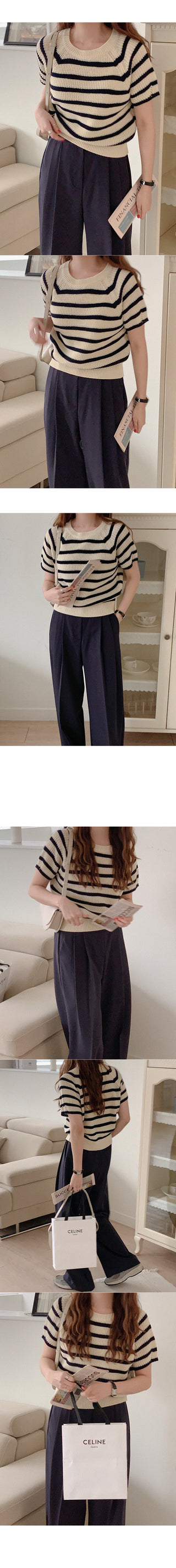 Striped short-sleeved knit top