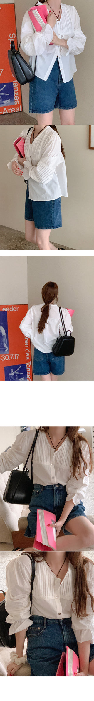 Pleated long-sleeved blouse