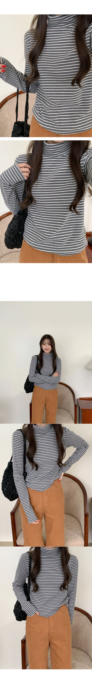 [Fleece-lined] Striped turtleneck long-sleeve T-shirt