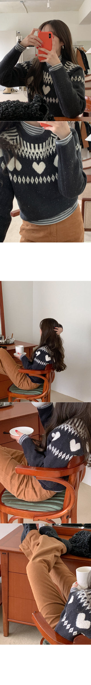 [Fleece-lined] Striped turtleneck long-sleeve T-shirt