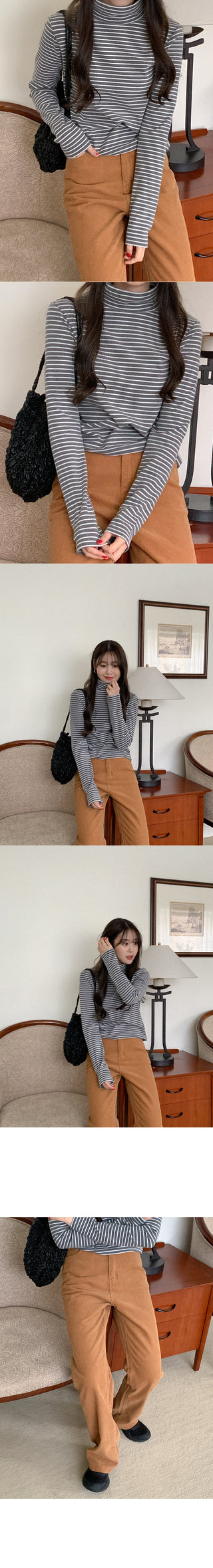 [Fleece-lined] Striped turtleneck long-sleeve T-shirt