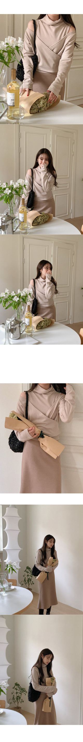 [Fleece-lined/SET] Half-neck sleeveless + wrap long-sleeve T-shirt