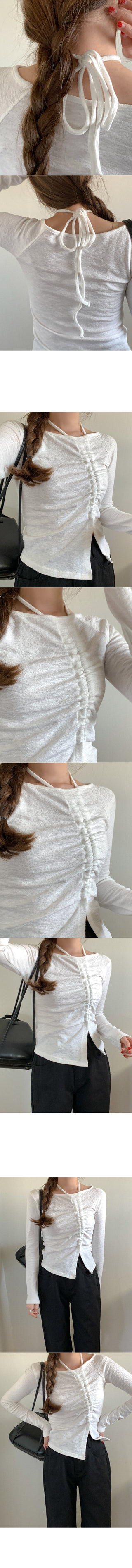 Shirred halter neck long-sleeved T-shirt