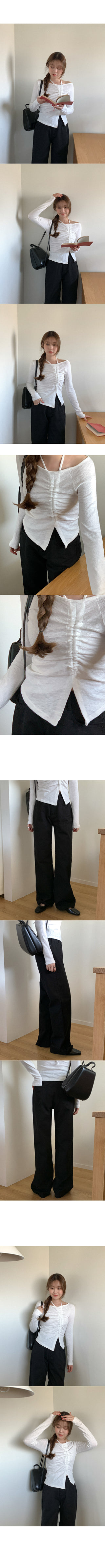 Shirred halter neck long-sleeved T-shirt