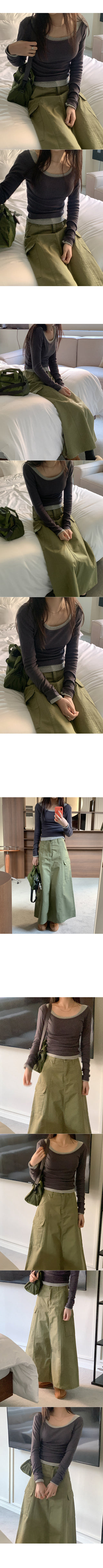 Cotton U-neck long-sleeved T-shirt