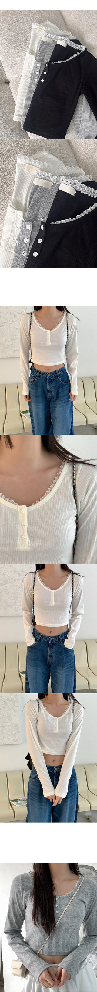 Lace Button Cropped T-Shirt