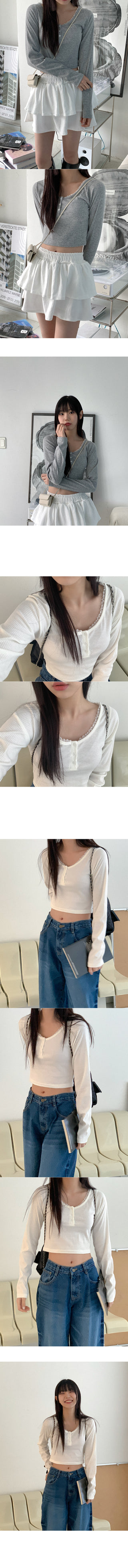 Lace Button Cropped T-Shirt