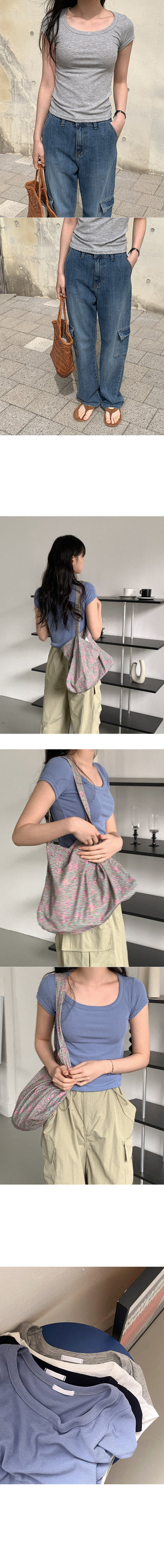 Ribbed square neck short-sleeved T-shirt
