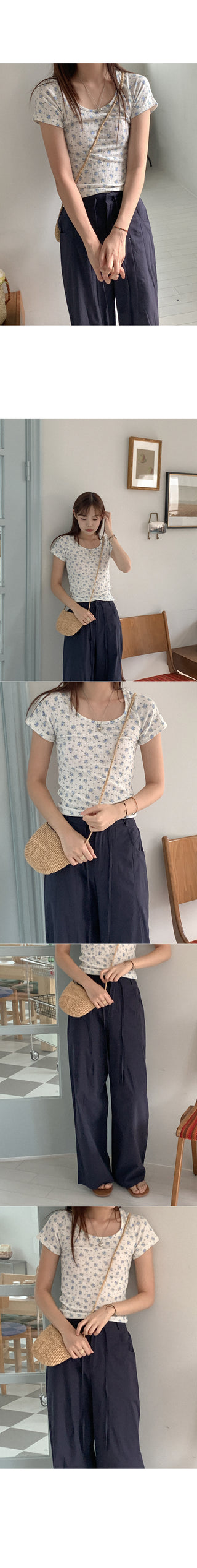Ribbed Flower U-Neck T-Shirt