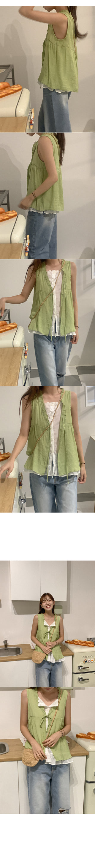 Cotton layered ribbon sleeveless top