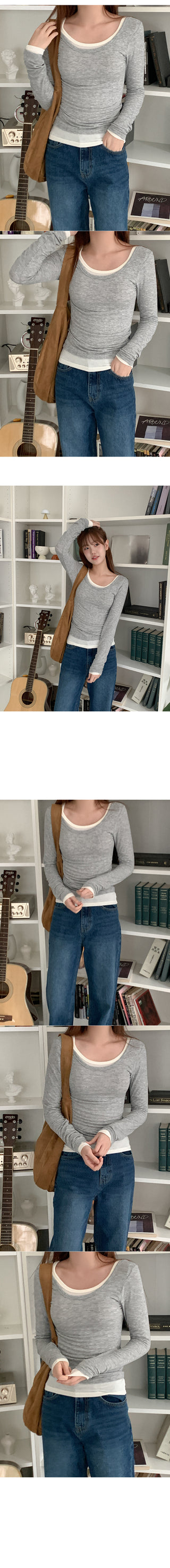 Colored U-neck long-sleeved T-shirt