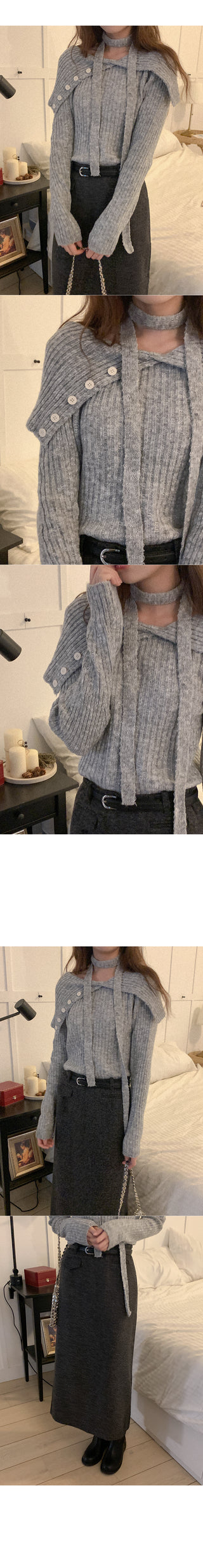 [Scarf Set] Melange Scarf Button Knit
