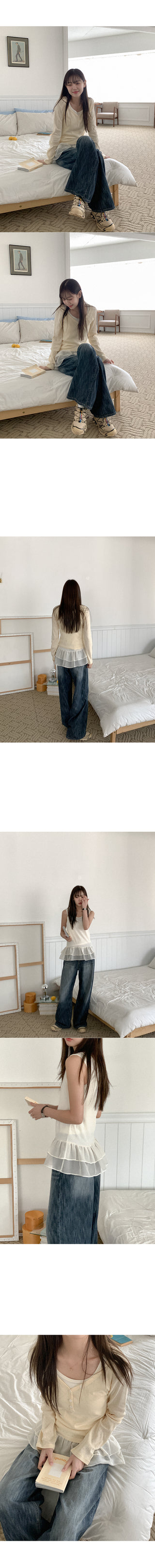 Eyelet punched button long-sleeved T-shirt
