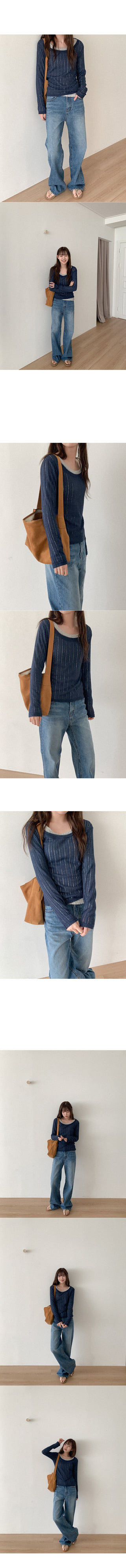 Linen U-neck long-sleeved T-shirt