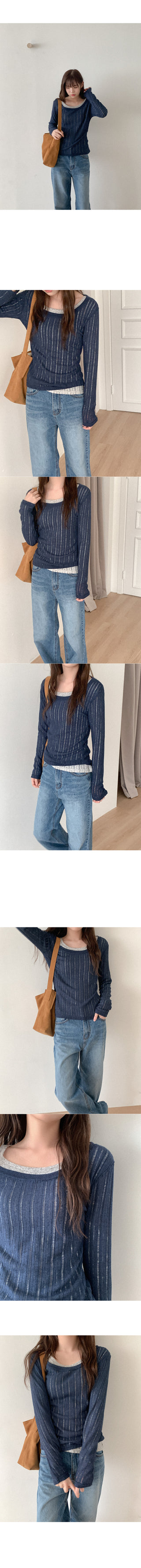 Linen U-neck long-sleeved T-shirt