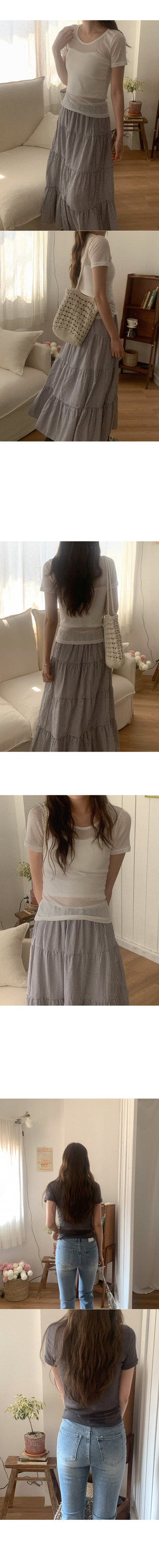 See-through U-neck short-sleeved T-shirt