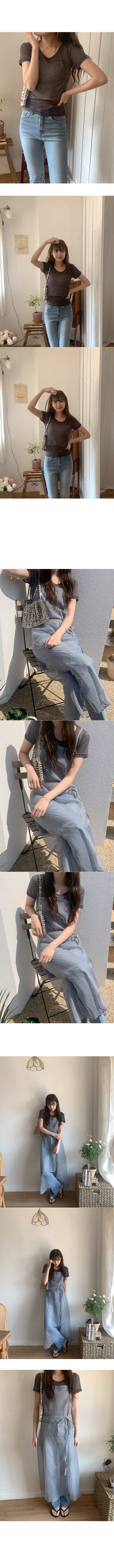 See-through U-neck short-sleeved T-shirt
