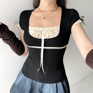 contrast lace stitching fake two-piece lace-up top