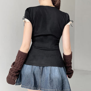 contrast lace stitching fake two-piece lace-up top