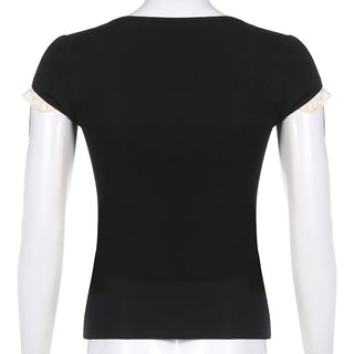 contrast lace stitching fake two-piece lace-up top