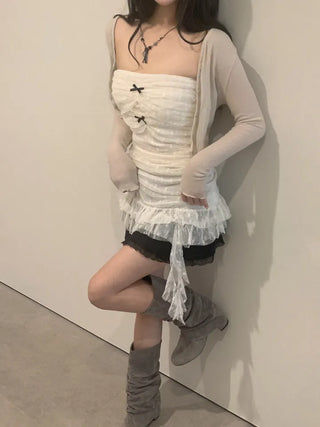 Triple shirring ribbon long tube top