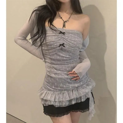 Triple shirring ribbon long tube top