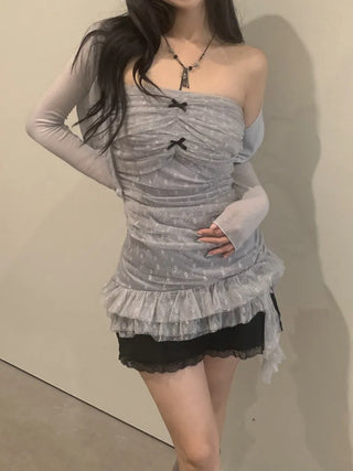 Triple shirring ribbon long tube top